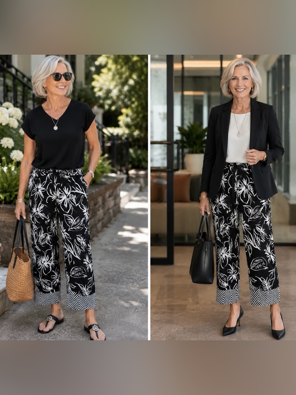 Melissa Paige Petite Black & White Floral Pull-On Pants – Petite Large - Picture 2 of 3